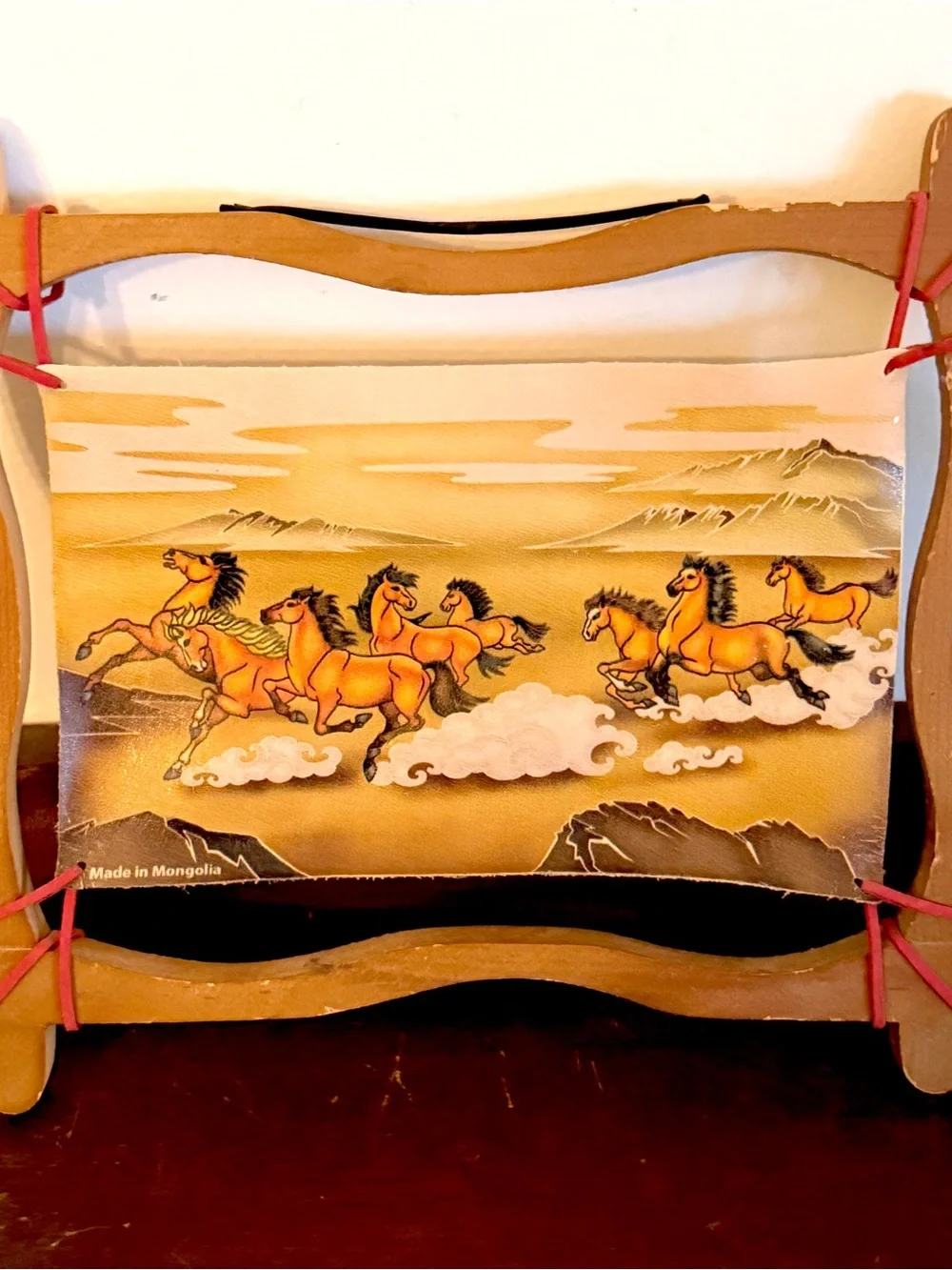 Vintage Running Wild Horses Mongolian Leather Painting Rustic Wood Frame 9x11”